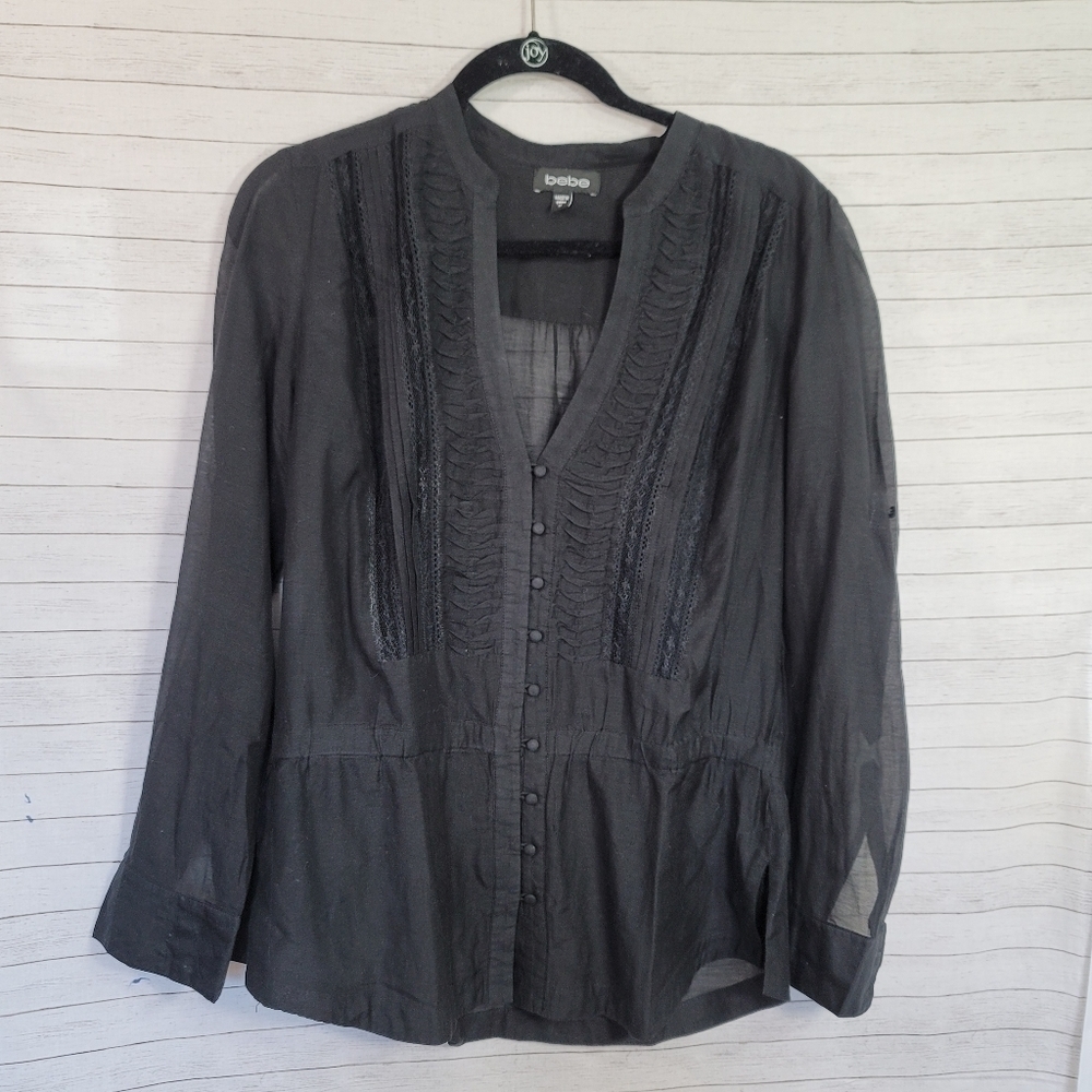 Bebe Sheer Long Sleeve Black Shirt, Sz Medium